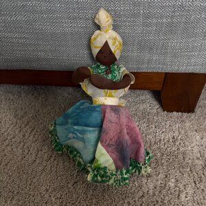 Handmade Fabric Folk African American Doll With Kaiser Stand Soft face and limbs